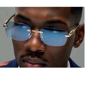 Rimless Sunglasses Gold Leopard Accents Blue Lens Fashion Shades Style Men Gafas